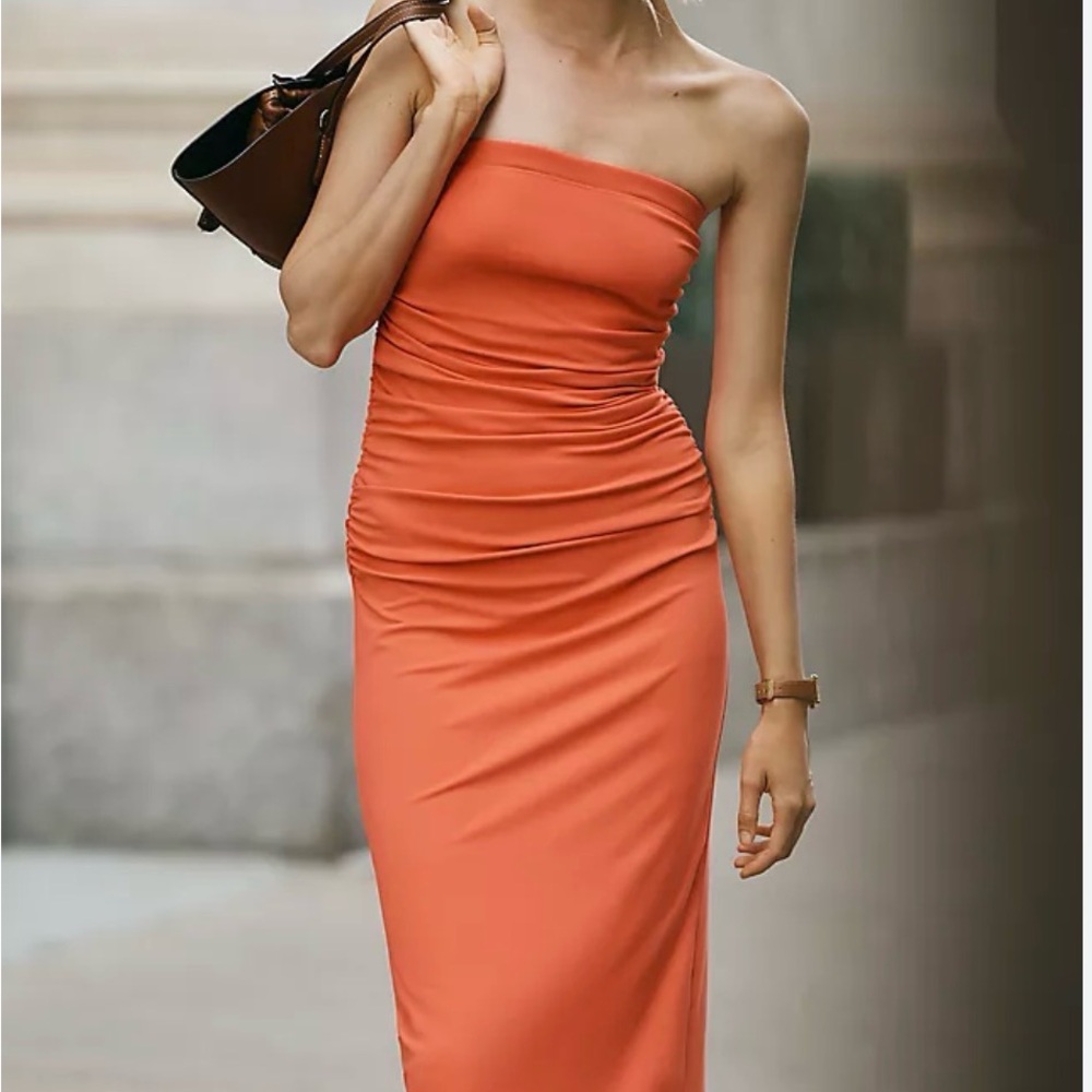 Anthropologie Strapless Ruched Bodycon Dress in Coral Orange
